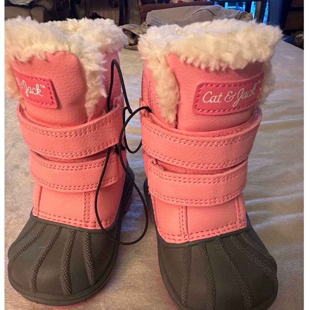 Cat & Jack Toddler Girls Pink Grey Faux Fur Trim Snow Boots Size 5 Duck Boots‎